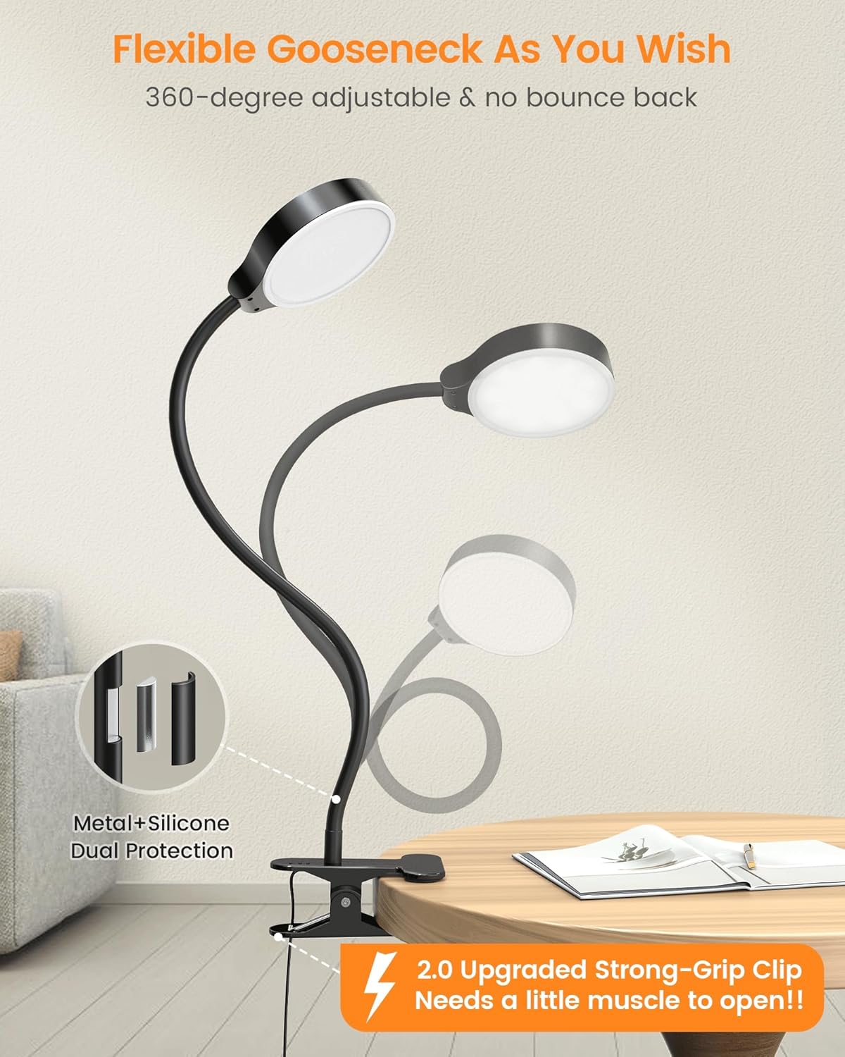 Glocusent 5W Clip on Light, 36LED Eye Caring Reading Light for Bed, 3 Colors & 5 Brightness Clip on Lamp with Adapter, Perfect Reading Light for Bed with Clamp/Bunk Bed/Headboard/Table/Desk