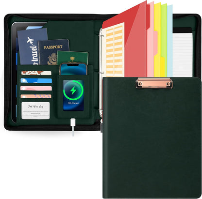 Ospelelf Zippered Padfolio Organizer, Faux Leather 3 Ring Binder with Clipboard, Letter Size Business Portfolio with Notepad, Tablet Sleeve & Phone Pockets for Office Work Brown