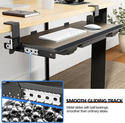Large Height Adjustable Keyboard Tray with Sturdy C-Clamp Mount and Storage Drawer, 27"(31"Including Clamps) x 12" Slide Out Ergonomic Keyboard Trays for Home and Office, Black