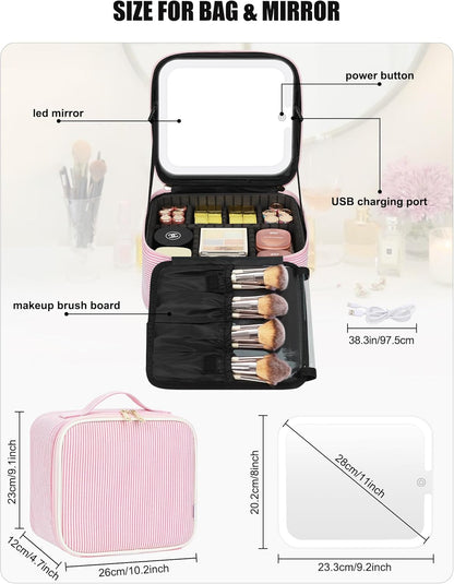 Relavel Travel Makeup Bag With LED Mirror, Cosmetic Train Case with Light up Mirror, Portable Makeup Artist Organizer Bag with Adjustable Dividers, Makeup Brush Holder Storage, Black