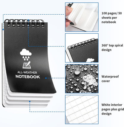 COIDEA 3 Pack Waterproof Notebook, 3 x 5 Pocket Notepad, All Weather Small Pocket Notebook Paper, Mini Spiral Notepad Police Notepad 100 Lined Pages for Outdoor Office