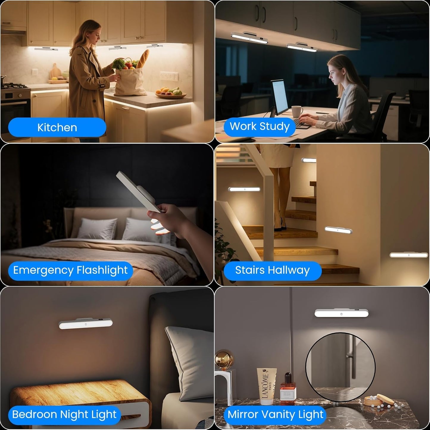 Motion Sensor Light Indoor with Battery Display,3000mAh Rechargeable Under Cabinet Lighting Magnetic Light Bar 300LM Battery Operated Closet Light Makeup Lights Stick On (White-A, Touch Control)