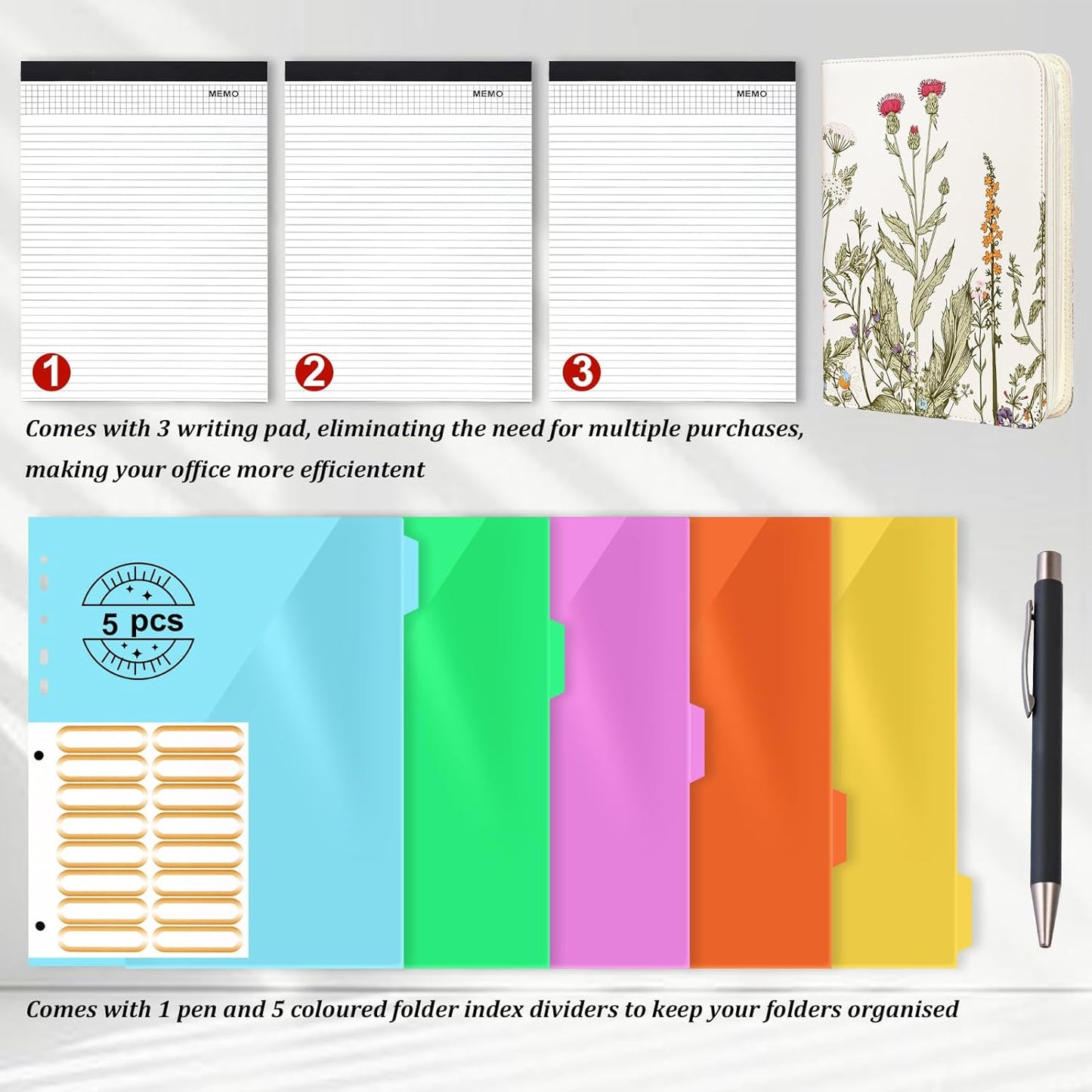 Leathario Portfolio Binder, Includes 10 Sheet Protectors and 3 Notepads, 3-Ring Folder Organizer, A4 Padfolio with Zipper, Vegan Leather Tablet Sleeve, Business Office Conference Clipboards