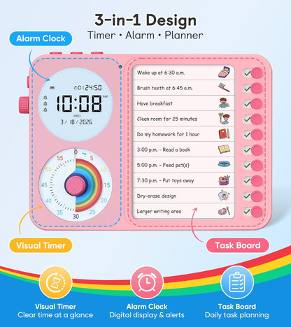 3-in-1 Visual Timer & ADHD Tool for Kids – ADHD Task Timer for Adults with Visual Schedule, Chore Chart & Planning Board for Home, School, Classroom, Work (White)