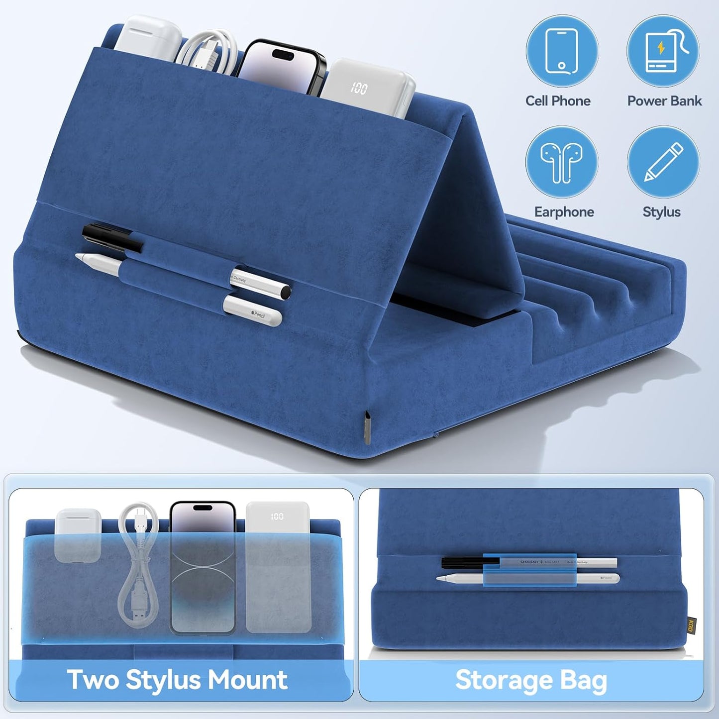 KDD Tablet Pillow Holder, Foldable iPad Stand for Lap, Bed and Desk -Tablet Soft Pad Dock with Pocket & Stylus Mount Compatible with iPad Pro 12.9, 10.5, 9.7 Air Mini 6 5 4 3, Galaxy Tab, E-Reader