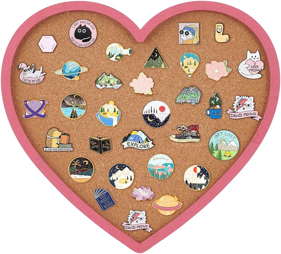 BENECREAT Pearl Pink Heart Pin Cork Board, 7.8x7.1inch Bulletin Display Board Wall Mounted Cork Board with Pink Frame for Brooch Pin Storage Display, Office Home and School Decor