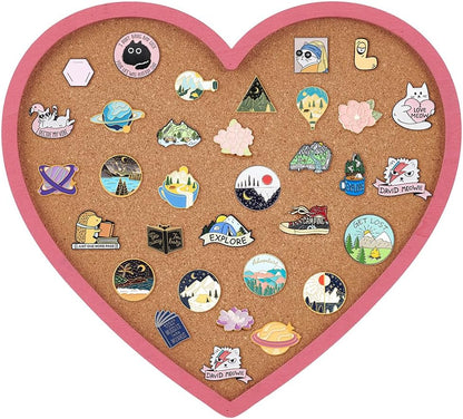 BENECREAT Pearl Pink Heart Pin Cork Board, 7.8x7.1inch Bulletin Display Board Wall Mounted Cork Board with Pink Frame for Brooch Pin Storage Display, Office Home and School Decor