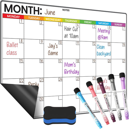Magnetic Whiteboard for Fridge - Large Dry Erase Calendar for Wall | 2 Magnetic Dry Erase Board 10.5" x 16.5" & 7" x 16.5", Monthly Goal Setting & Habit Tracker, 5 Markers and 6 Adhesive Hooks