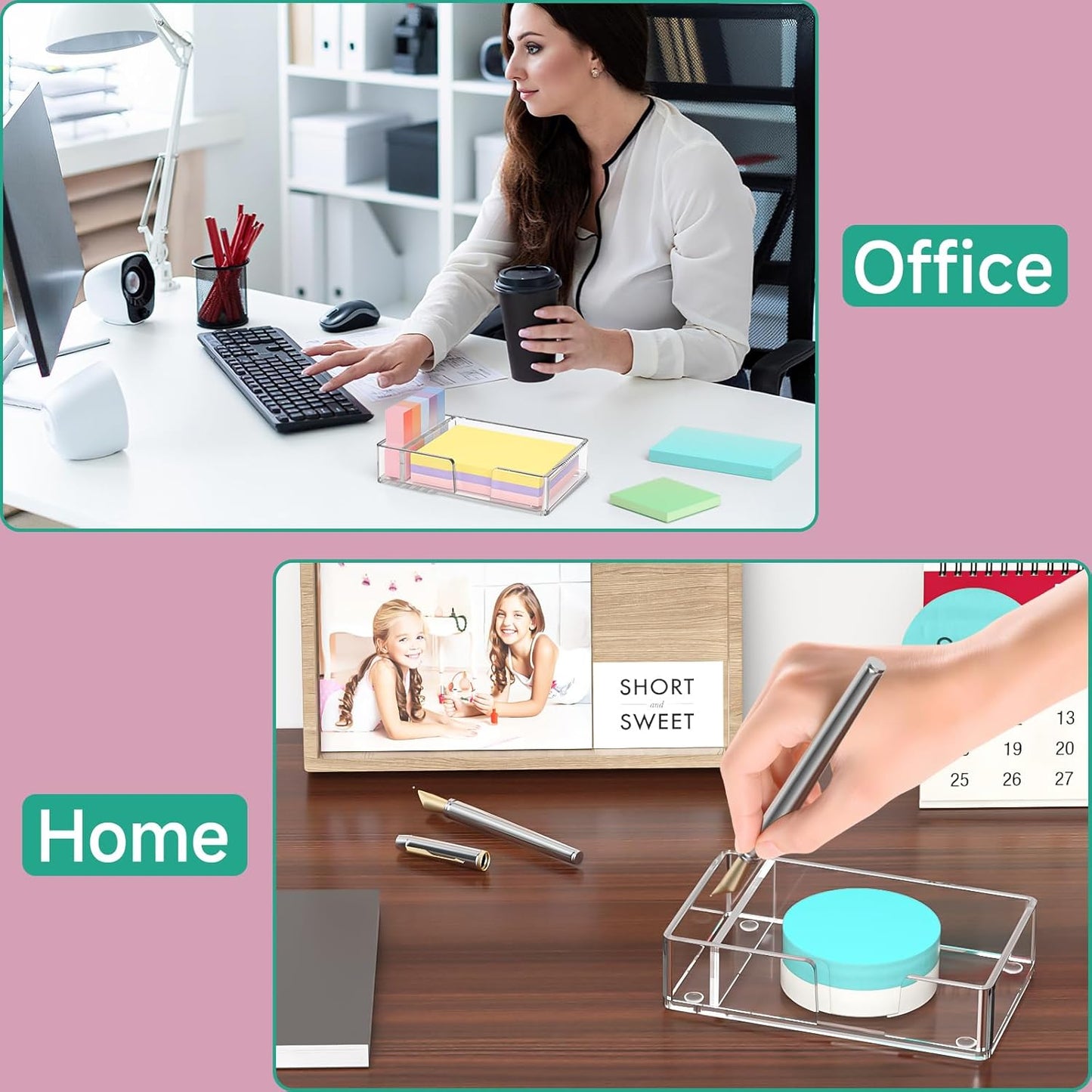 Sticky Note Holder, Glitter Pink Acrylic Notepad Holder 3x3 in Self-Stick Note Dispenser Office Desk Accessories, Memo Pad Holder Organizer for Classroom School Supplies