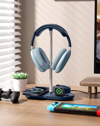 HiWe 4-in-1 RGB Gaming Headphone Stand with Dual Controller Holder, Wireless Charger for iPhone/Apple Watch, USB-A & USB-C Outputs, Adapter Included, Black