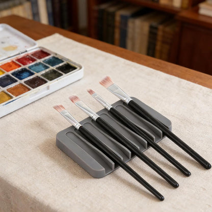 6 Pcs Paint Brush Holder with 8 Slots, Gray Washable Silicone Brush Rinse Cleaner, Paintbrush Organizer Tray for Artist, Hobby & Classroom, Compact Desk Display Stand Storage for Paintbrushes