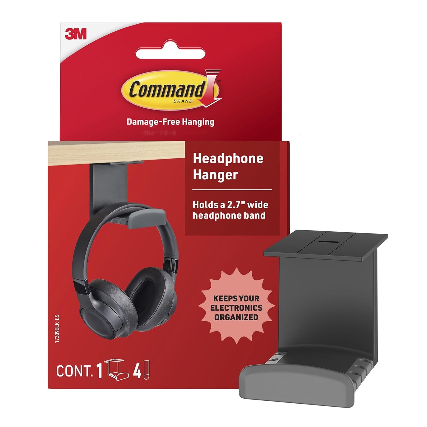 Command Headphone Hanger, 1 Holder and 4 Strips, Holds a 2.7" Wide Band, White, Great for Damage-Free Electronics Organization for Wired or Wireless Headphones