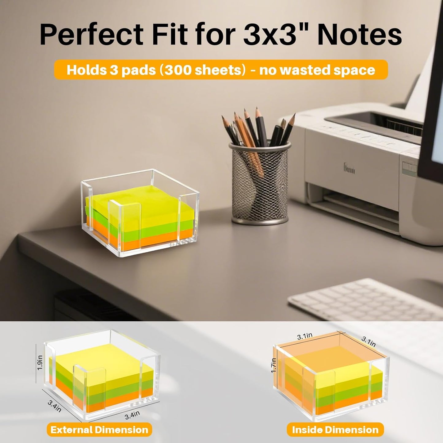 Acrylic Sticky Note Holder, 3x3 Inch Clear Dual Openings Square Notepad Organizer with Anti-Slip Base, Sticky Note Dispenser Memo Holder Case for Desk Office School Supplies(No Pads)