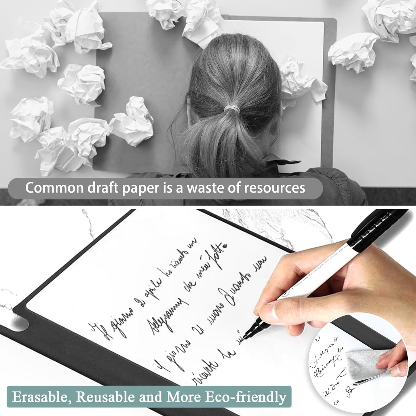 SAYEEC Whiteboard Notebook, Portable Dry Erase Board with 3 Colors Fineliner Pens, Black PU Cover Erasable Handheld White Board Reusable Drawing Notebook Easel Pad for Meeting Business Office School