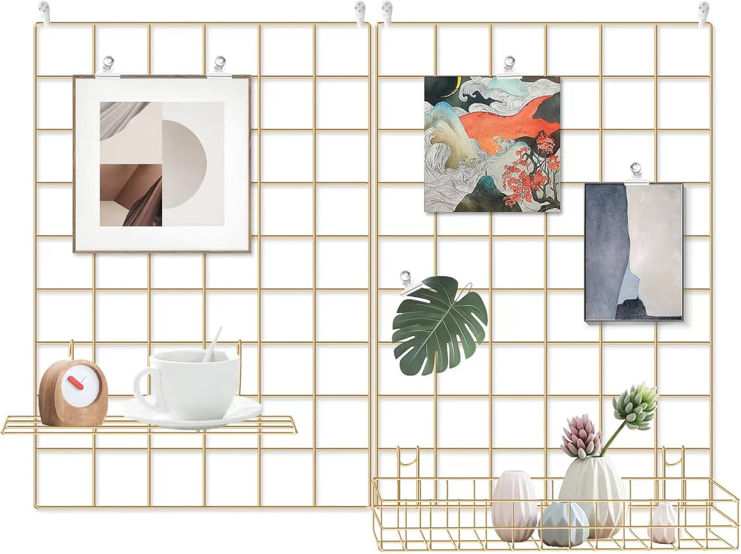 Grid Wire Board,for Memo Picture Panel Wall Decoration for Room Office Mat Photo Hanging Art Display Frames Desk Storage Organizer,17.3" x 11.8"(2Pack) (Gold)