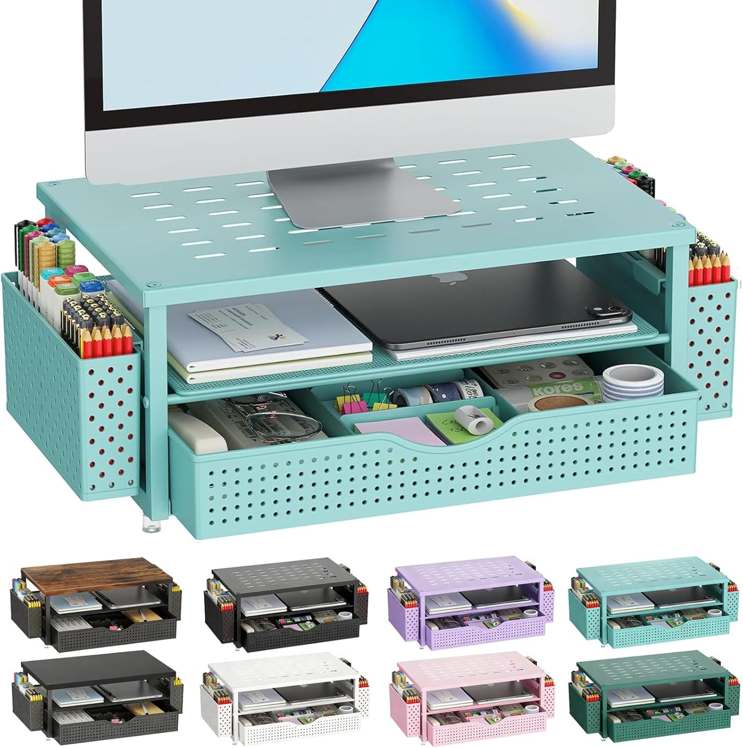 gianotter Monitor Stand Riser, Office Desk Shelf Organizer, Desk Organizer with Drawer and Pen Holder, 2-Tier Computer Stand, Office Organization (Ink)