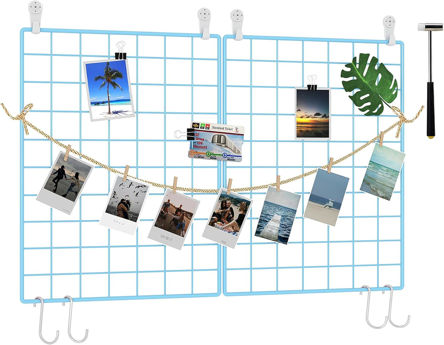 C&AHOME Photo Wall Display Set of 2, Grid Panel with Hooks, Clips, Hemp Cord, Hammer - 15.7" x 11.8", White UWWGM3402W