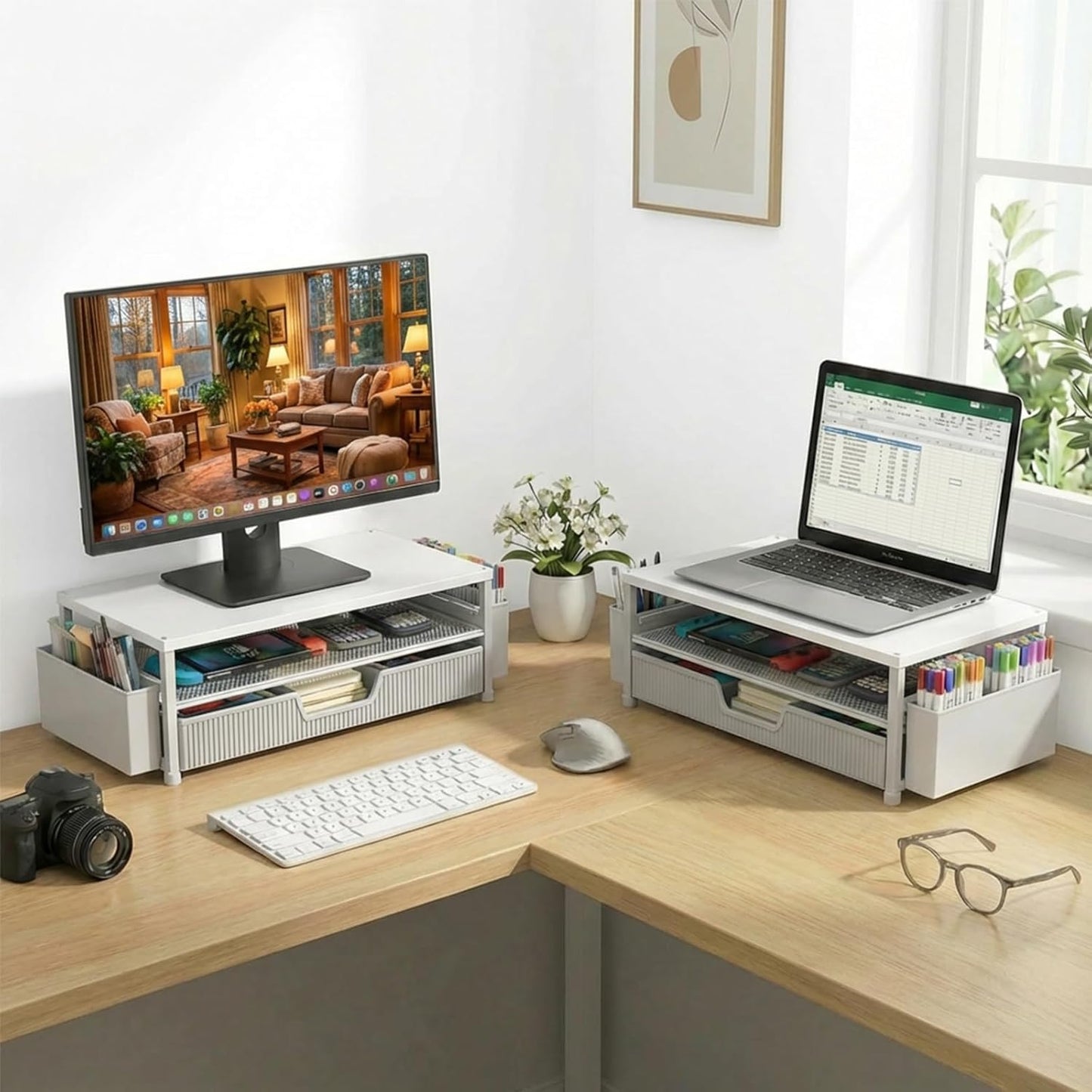 ECOLOVI Desk Organizer and Accessories, 2-Tier Computer Monitor Stand Rise with Storage Drawer & 2 Pen Holders, Laptop & Printer Stand for Desktop, Workspace Organizers for Office Supplies (Brown)