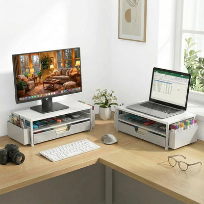 ECOLOVI Desk Organizer and Accessories, 2-Tier Computer Monitor Stand Rise with Storage Drawer & 2 Pen Holders, Laptop & Printer Stand for Desktop, Workspace Organizers for Office Supplies (Brown)