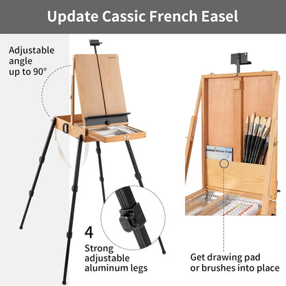 Falling in Art Light Weight French Style Field and Sketchebox Easel with Aluminum Tripod, Adjustable Beechwood Tripod Standing Easel with Drawer, Palette