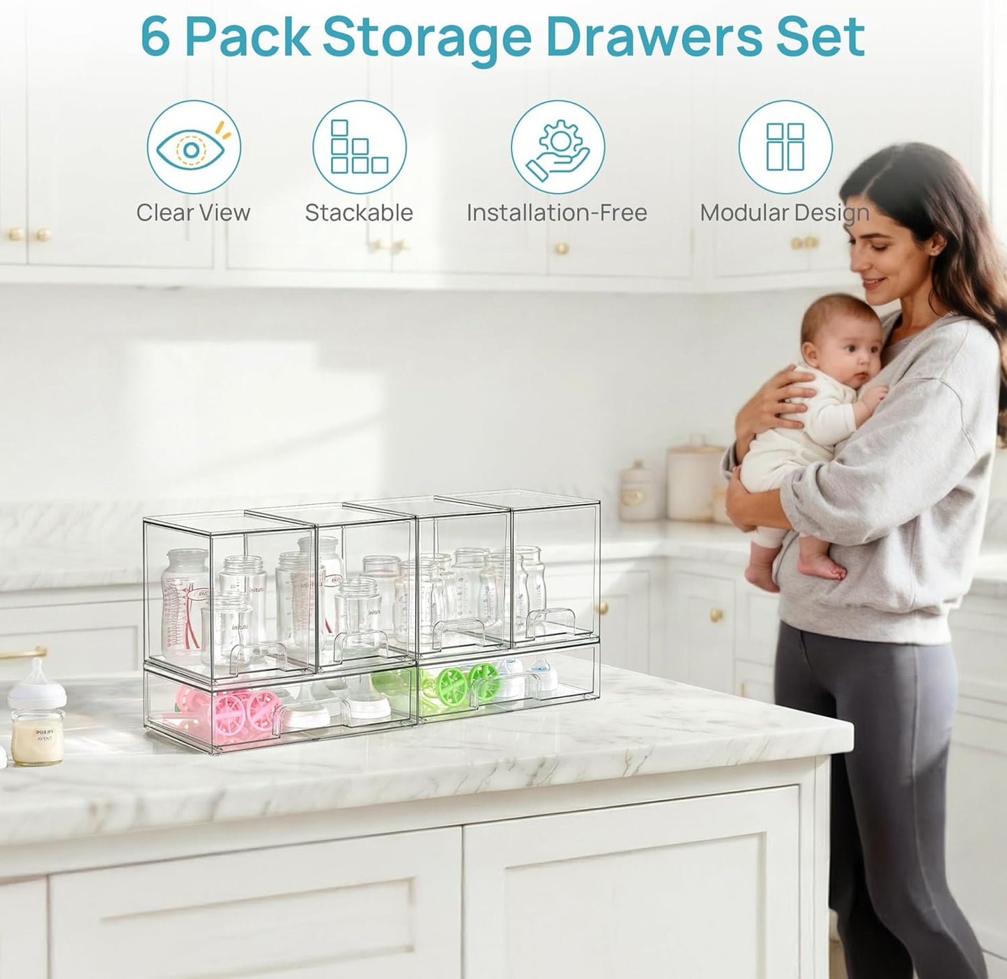 Vtopmart Stackable Storage Drawers Set of 3,Clear Plastic Organizer Bins for Makeup, Cosmetics, Beauty Supplies,Ideal for Vanity, Bathroom,Cabinet,Pantry Organization