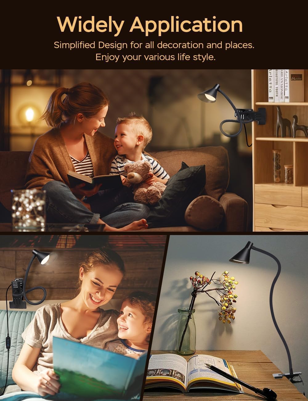Clip on Light LED Reading Light for Books in Bed, Eye Care Dimmable Reading Lamp 3 Color & 10 Brightness Levels Flexible Clip on Lamp Reading Light for Bed Headboard Bedside Dorm Desk Table - Black