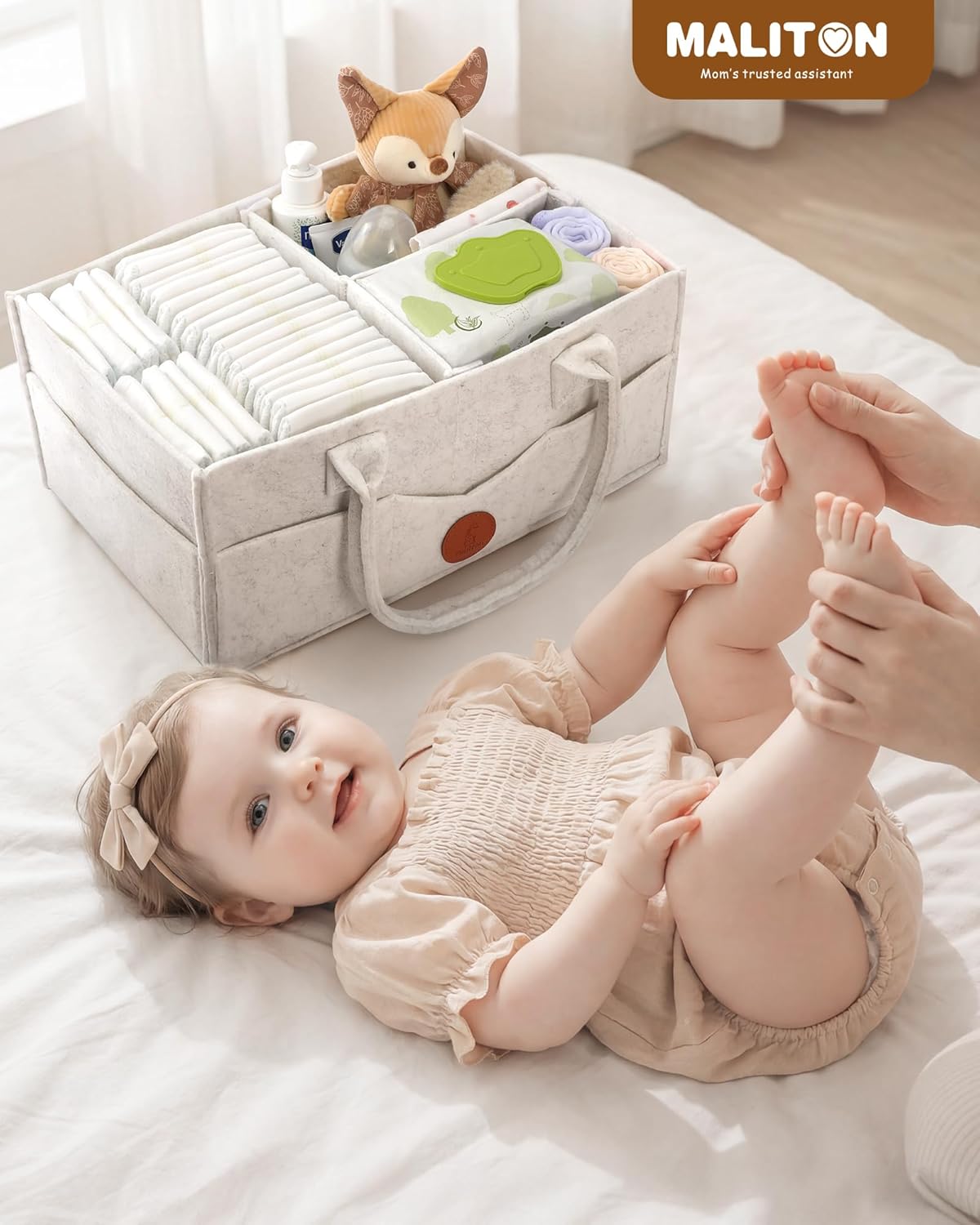 Maliton Baby Diaper Caddy Organizer for Changing Table, Nursery Storage Bin Basket with Handle, Felt Diaper Organizer Suitable for Indoor Outdoor (Khaki)