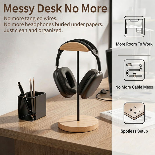 Headphone Holder Stand for Desk, Wood and Metal Headset Hanger Mount Hook Gaming Holder Desktop Earphone Artful Functional Craftsmanship Stand for All Headsets with Solid Wooden Base