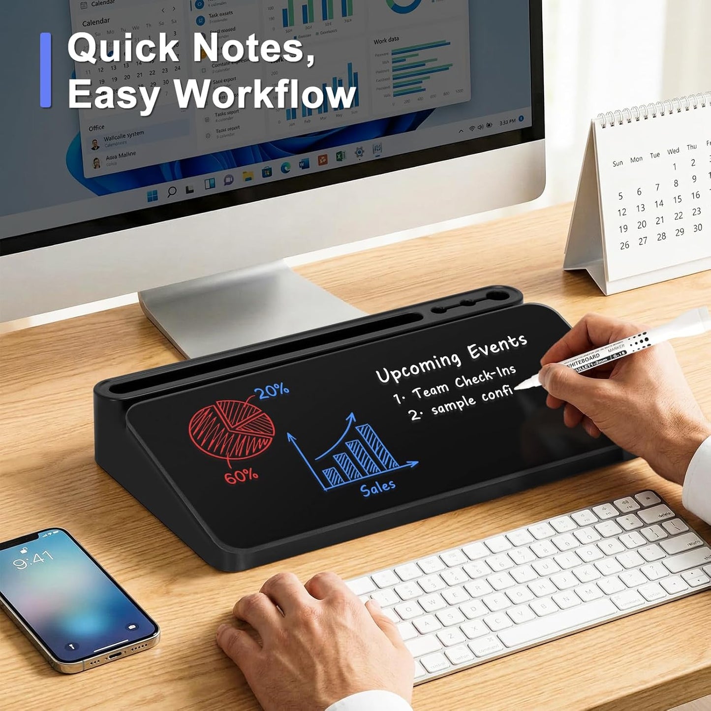WALGLASS Small Desktop Whiteboard with Storage, Glass Desk Dry Erase White Board Computer Keyboard Stand with Drawer, Desk Organizers with Accessories for Office, Home, School Supplies White