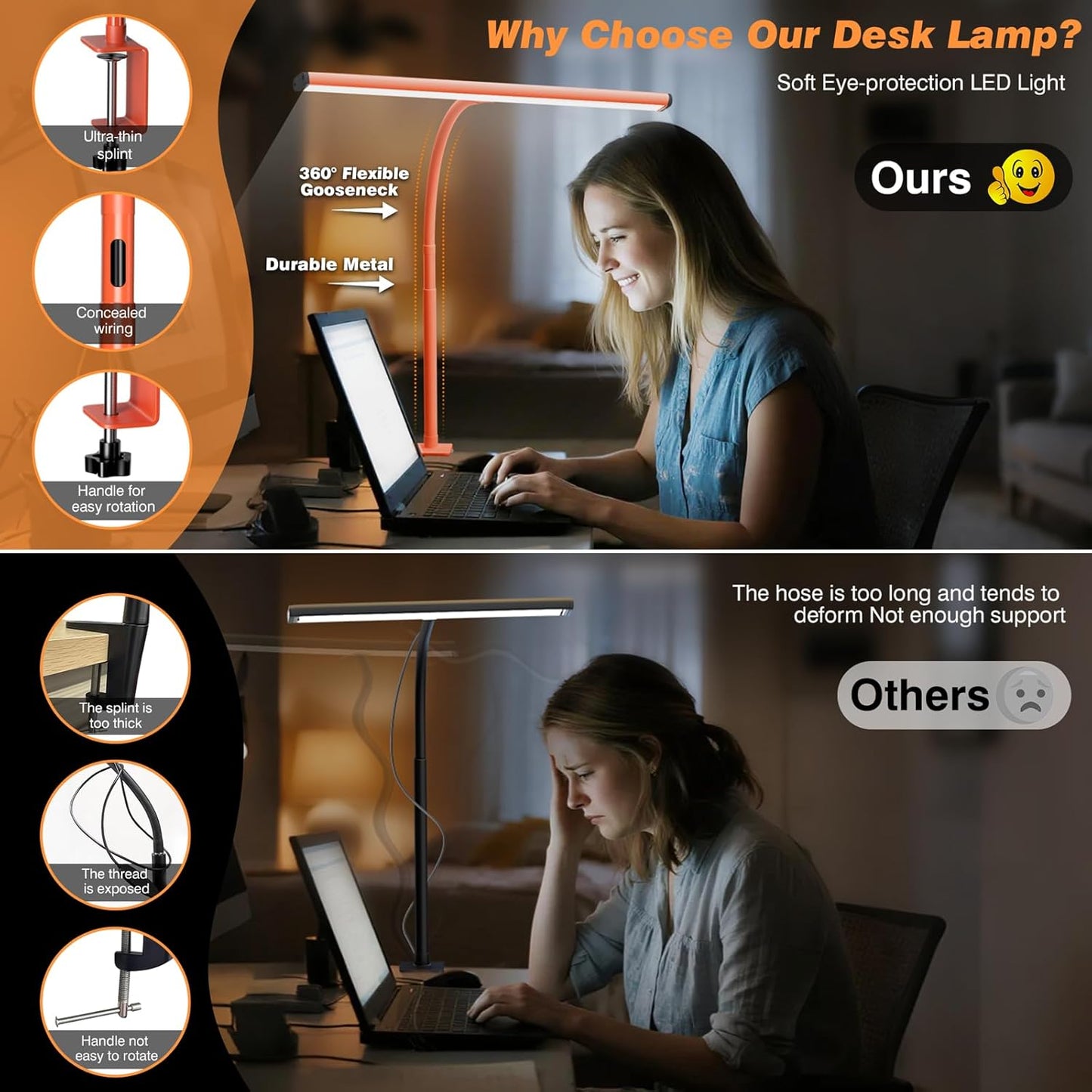 Airlonv LED Desk Lamp for Office Home, Eye-Caring Desk Light with Stepless Dimming Adjustable Flexible Gooseneck, 10W USB Adapter Desk Lamp with Clamp for Reading, Study, Workbench (Black)