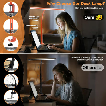 Airlonv LED Desk Lamp for Office Home, Eye-Caring Desk Light with Stepless Dimming Adjustable Flexible Gooseneck, 10W USB Adapter Desk Lamp with Clamp for Reading, Study, Workbench (Black)