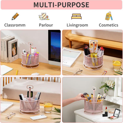 Marbrasse Mesh Desk Organizer, 360-Degree Rotating Multi-Functional Pen Holder, 4 Compartments Desktop Stationary Organizer, Home Office Art Supply Storage Box Caddy (Black)