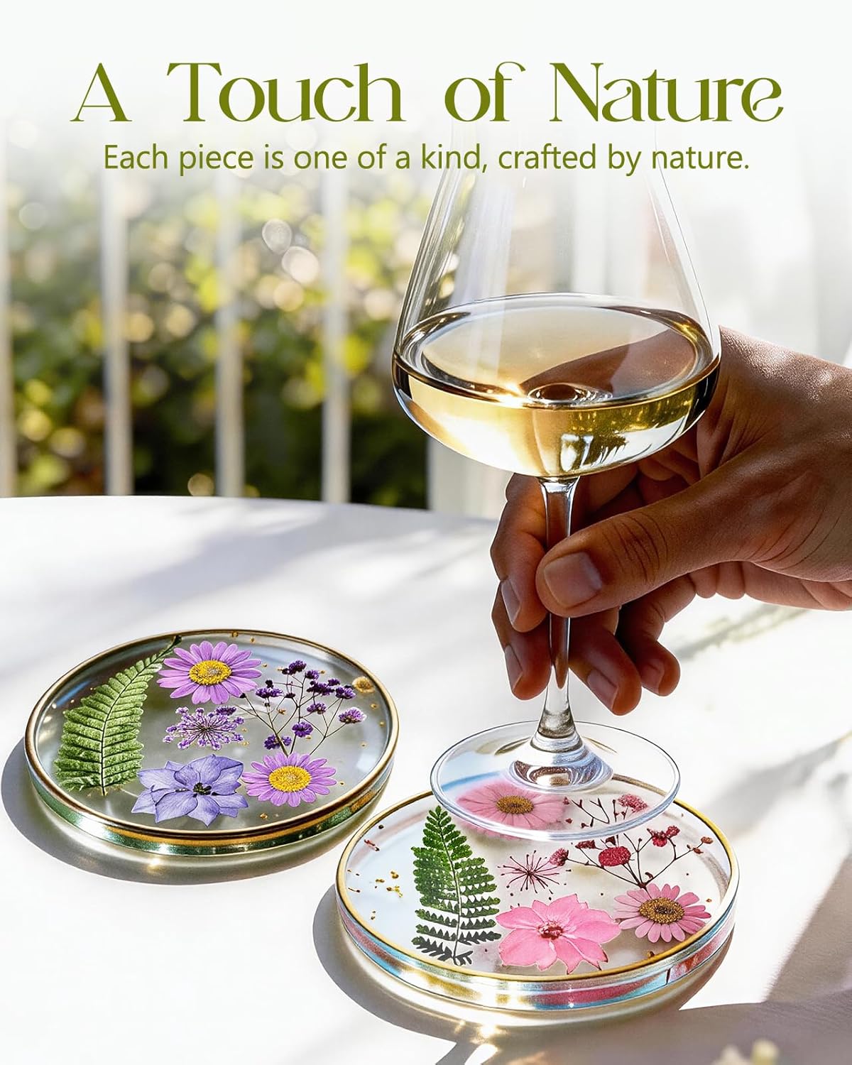 Oqplog Resin Drink Coaster for Desk Coffee Table-White Cute Dried Flowers Cup Coaster for Work Office Home Outdoor Decor Gifts for Girls Women,1 Pcs