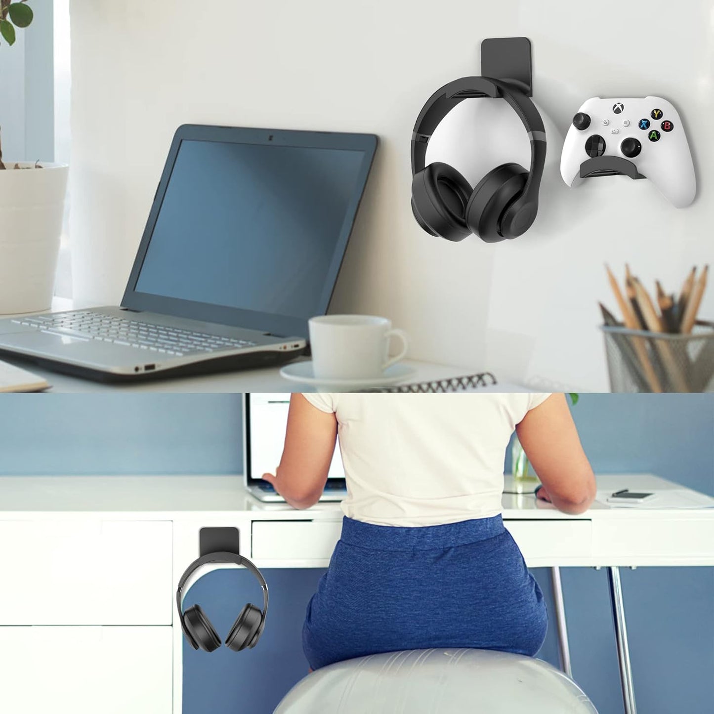 HomeMount Headphone Stand Headset Holder - Adhesive Gaming Headphone Hanger Hook Desk Mount for Most Headphone & Controller (White)