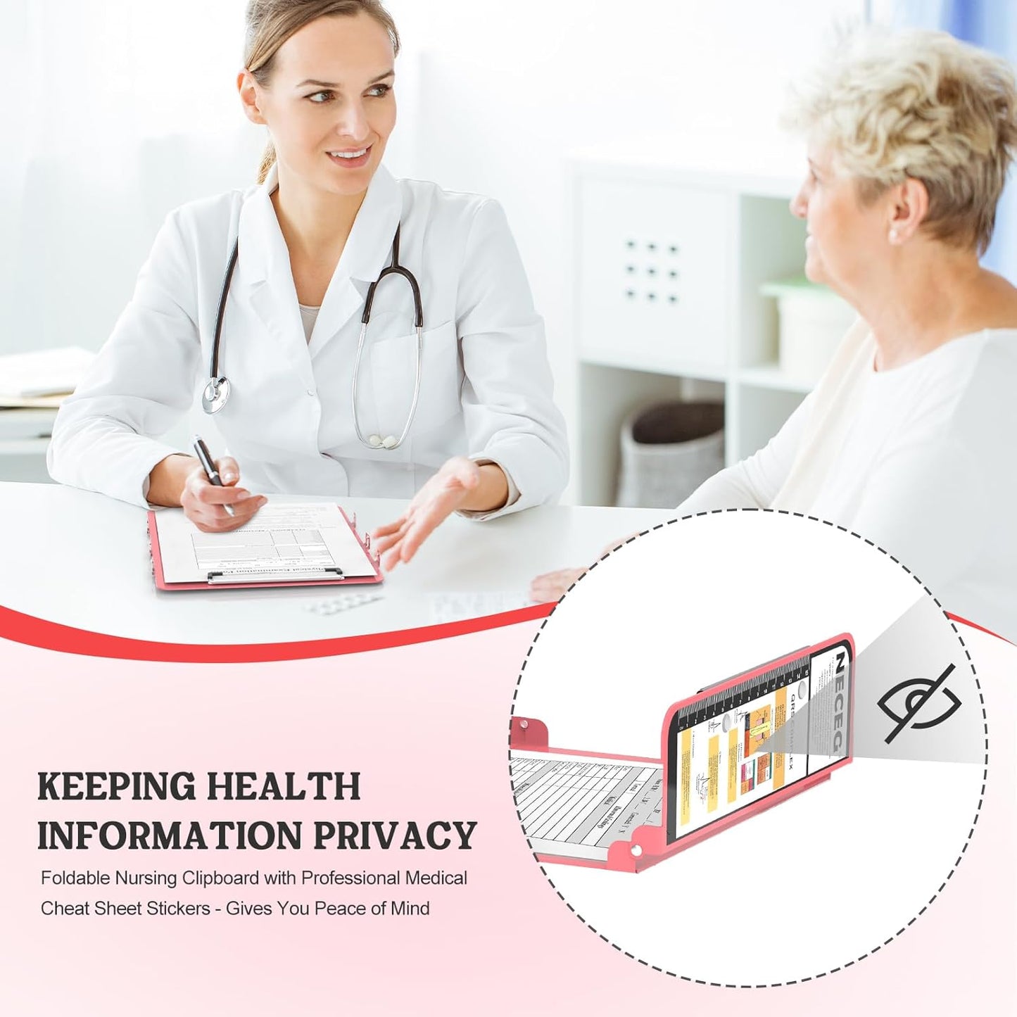 Nursing Clipboard Foldable-4 Layers Aluminum Nurse Foldable Clipboard Nursing Medical Edition Cheat Sheets, Pocket Size Pen Clip for Nurses Students School and Doctors-Pink