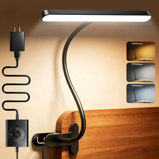Glocusent 7W Horizontal Clip on Light, 57 LED Eye Caring Reading Light, 5 Brightness & 3 Colors with Amber Mode for Bedside Reading, 2.75" Clamp & 30Min Timer, USB Powered Clip on Lamp for Work, Craft