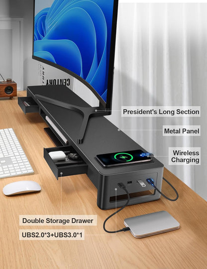 meatanty 3 In 1 Monitor Stand Riser with 2 Drawers,1 Wireless Charging Module and 4 USB Ports,Metal Computer Stand Support Transfer Data & Charging,Desk Organizer for PC,iMac (21 inches)