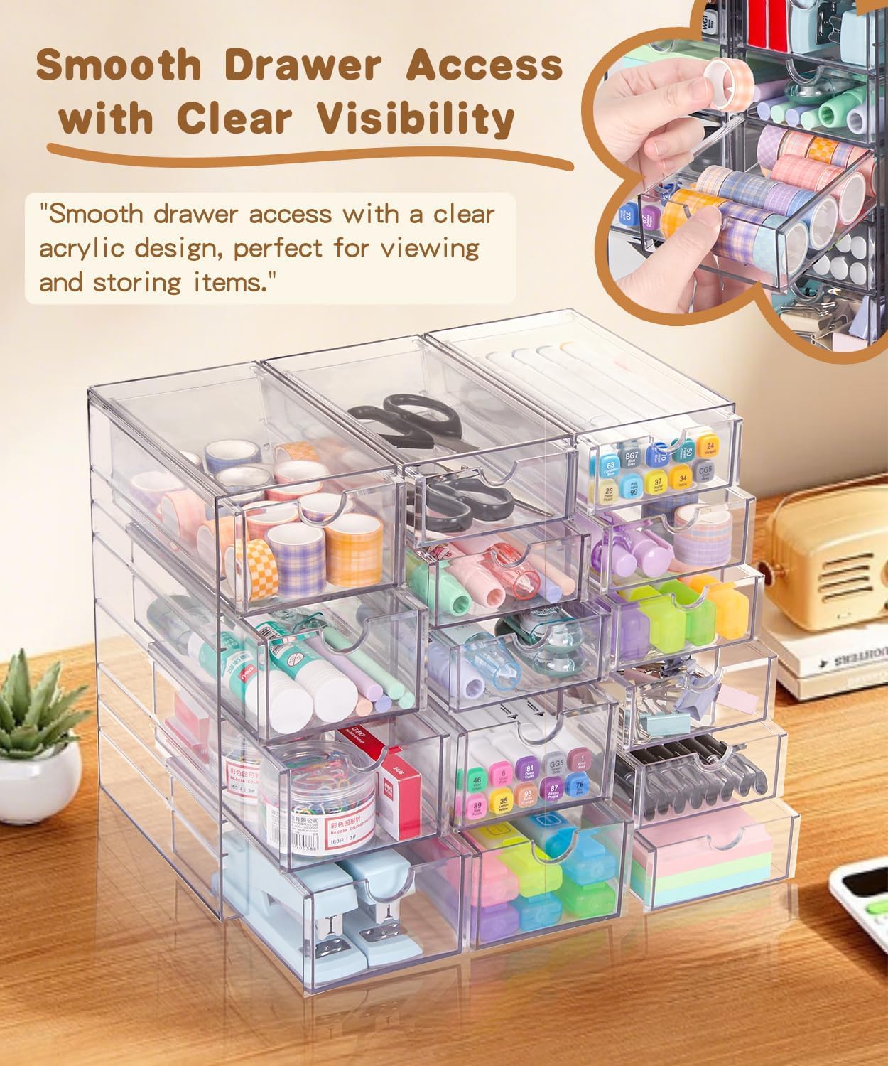 VZKAH Acrylic Organizer with Drawers | 20 Drawers 4 Sets | Desk Organizer and Storage, Clear Makeup Organization, For Office/Art Supply/Craft Storage and Organization