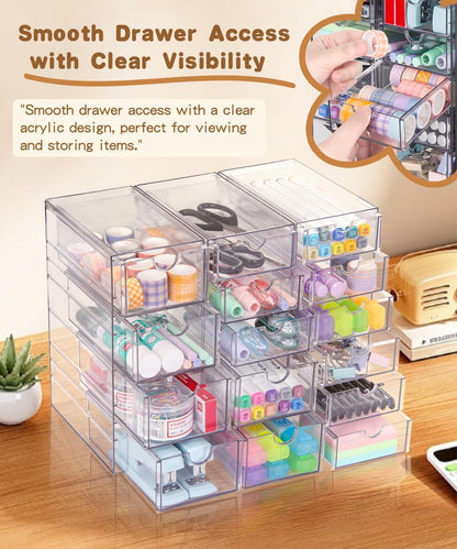 VZKAH Acrylic Organizer with Drawers | 20 Drawers 4 Sets | Desk Organizer and Storage, Clear Makeup Organization, For Office/Art Supply/Craft Storage and Organization