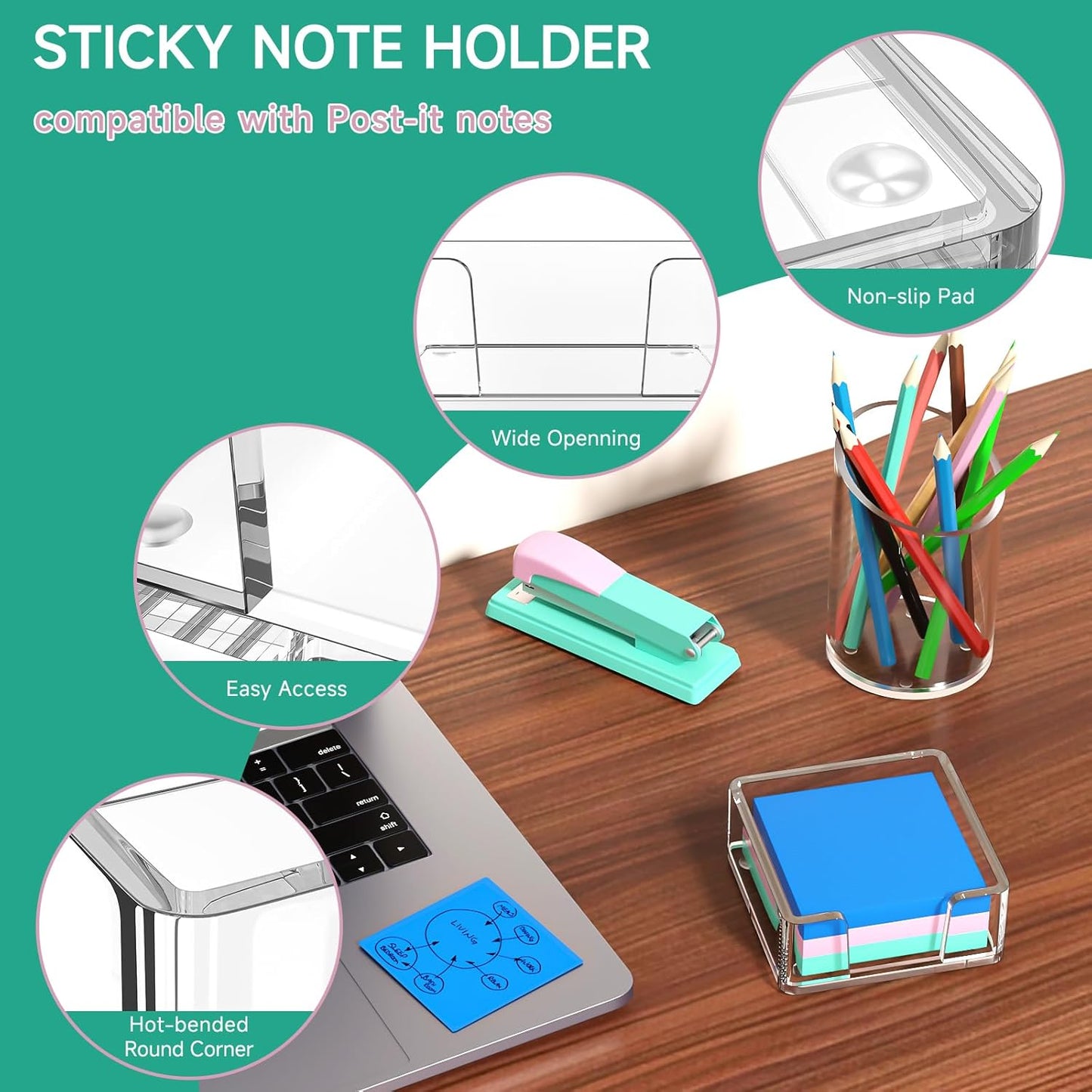 Sticky Note Holder, Glitter Pink Acrylic Notepad Holder 3x3 in Self-Stick Note Dispenser Office Desk Accessories, Memo Pad Holder Organizer for Classroom School Supplies