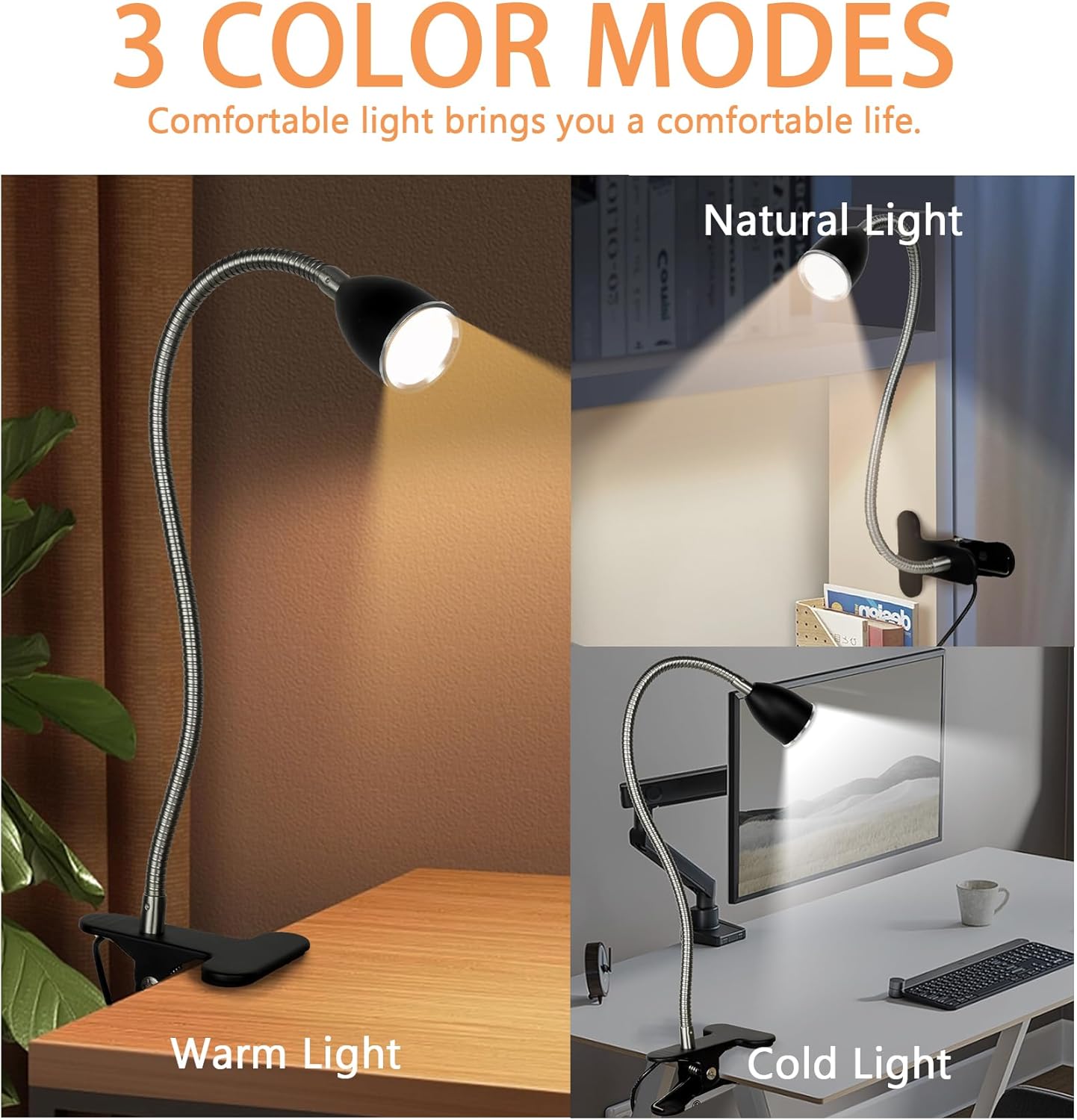 Desk lamp Eye-Caring Table Lamps, 360°Rotation Gooseneck Clip on Lamp Reading Light Portable Reading Book Light Clamp Study Desk Lamps for Bedroom and Office Home Lighting (Black)