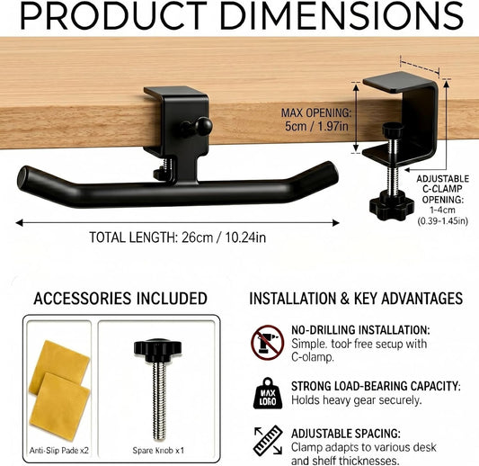 Desk Hook for Bag, Adjustable Purse Hook for Table (1-4cm/0.39-1.45in), Heavy Duty Carbon Steel Backpack Hanger, 80lb Capacity Clamp-On Bag Holder for Office, Classroom, Cafe, Home, and Gaming (White)