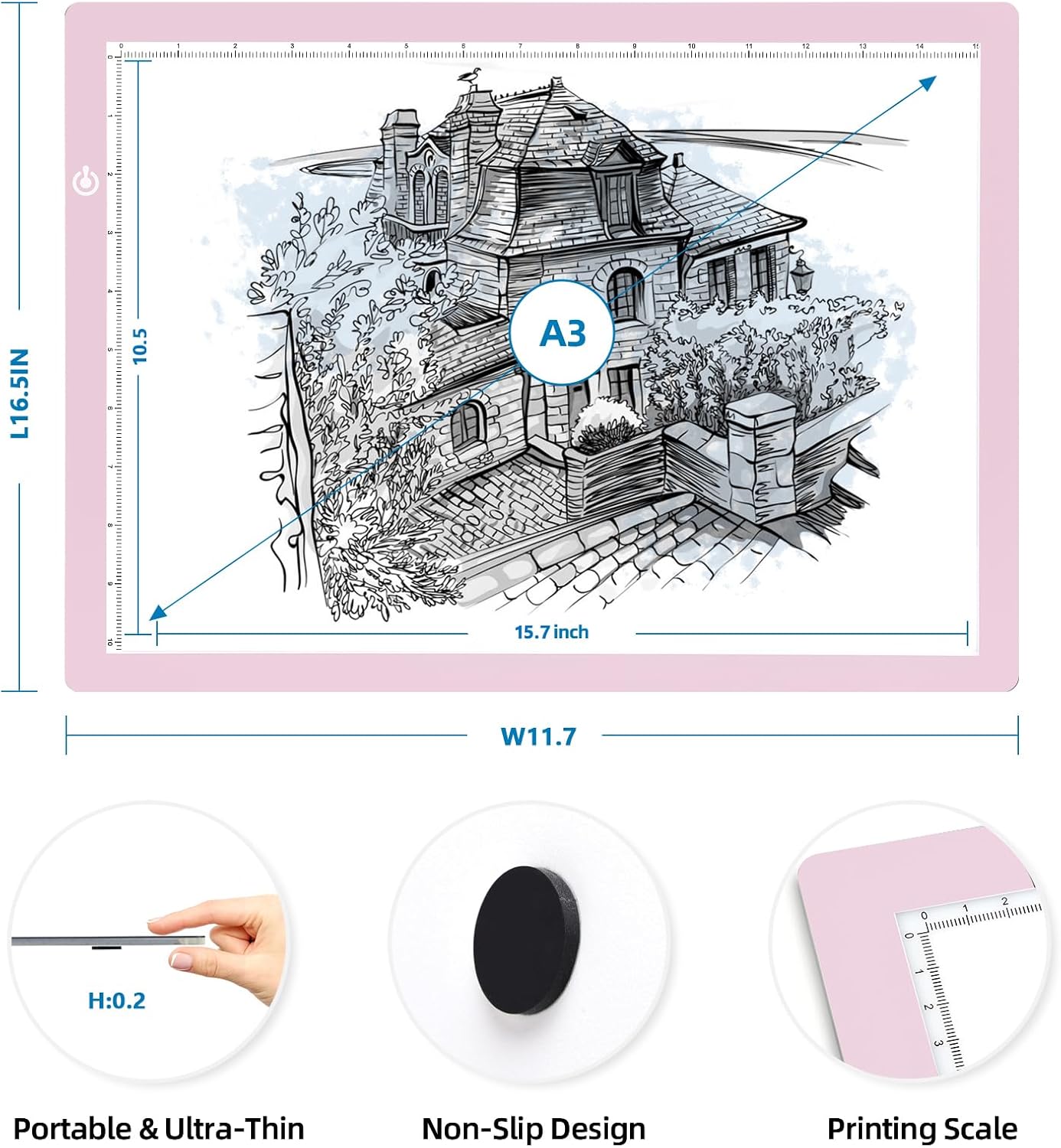 KIVOTAC A3 LED Light Pad，Tracing Light up Box Ultra-Thin USB Powered Brightness Dimmable Bright Copy Board for Drawing, Weeding Vinyl, Diamond Art, Sketching and Animation