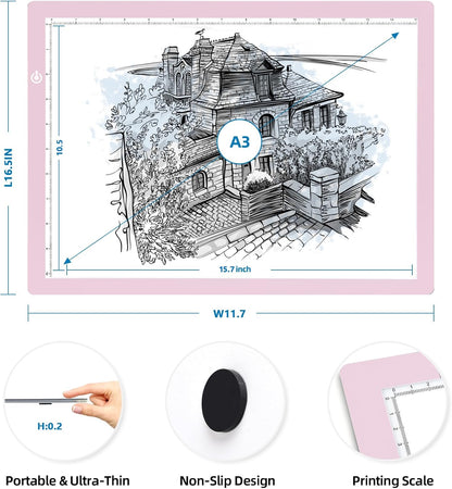 KIVOTAC A3 LED Light Pad，Tracing Light up Box Ultra-Thin USB Powered Brightness Dimmable Bright Copy Board for Drawing, Weeding Vinyl, Diamond Art, Sketching and Animation