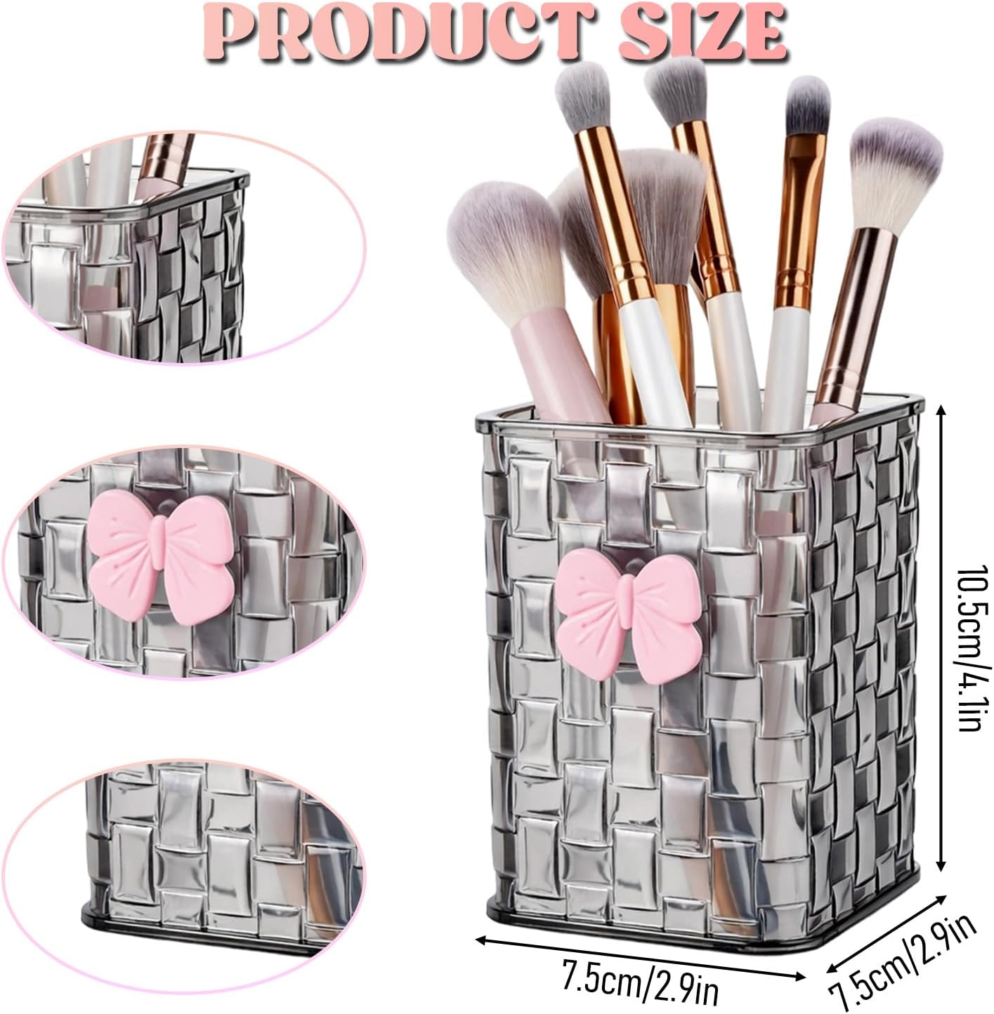 Artistic Acrylic Pen Holder Cute, Clear Stylish Pencil Holder for Desk, Black Transparent Makeup Brush Holders with Woven Texture and a Pink Bow, Clear Pencil Organizer Pen Caddy for Desk Accessories