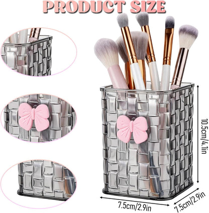 Artistic Acrylic Pen Holder Cute, Clear Stylish Pencil Holder for Desk, Black Transparent Makeup Brush Holders with Woven Texture and a Pink Bow, Clear Pencil Organizer Pen Caddy for Desk Accessories