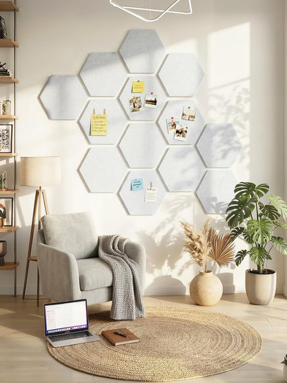 8 Pack Hexagon Felt Bulletin Board Tiles - 12" Large Thick Pin Board for Walls with 30 Push Pins, DIY Boards for Office Home School Decor, Aesthetic Hex Cork Board Alternative