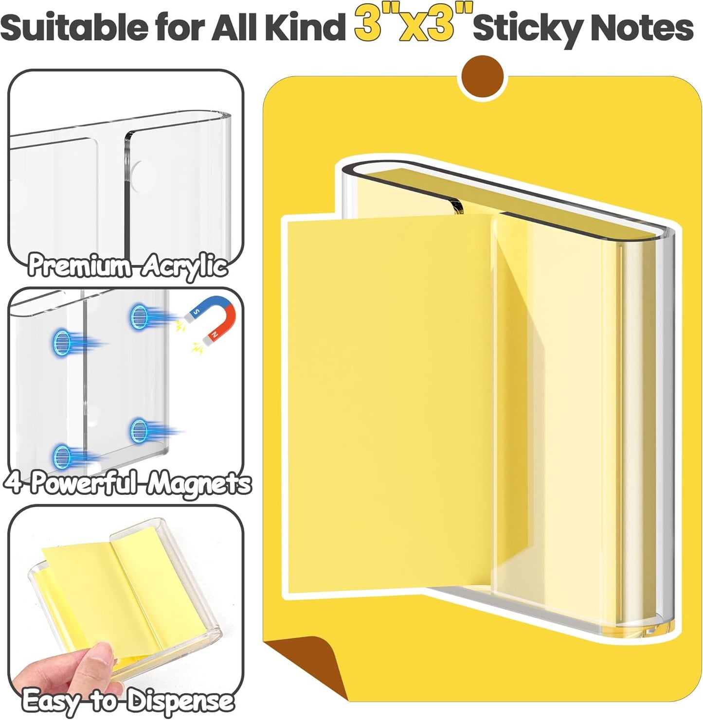 Sticky Note Dispenser, Magnetic Sticky Note Holder for Post It Notes, 3 x 3 Inch Sticky Note Organizer for Office Home Classroom, Black