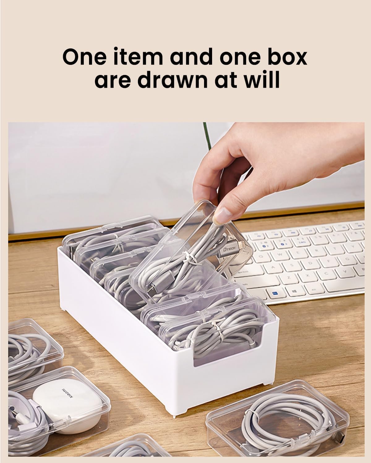 8 Individual Cable Organizer Boxes With Base, Cord Storage Organizer With Labels And Cable Straps For Charging Cables, Adapters, Earphones (8 pcs Individual Cable, 1 Pack)