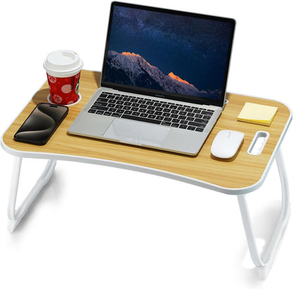 ZEAPTAC Laptop Bed Desk, Foldable Lap Desk, Portable Lap Table, Laptop Stand with Cup Holder, Tablet Slot & Lifting Handle for Work, Write, Draw & Eat on Bed, Sofa or Couch - Pink